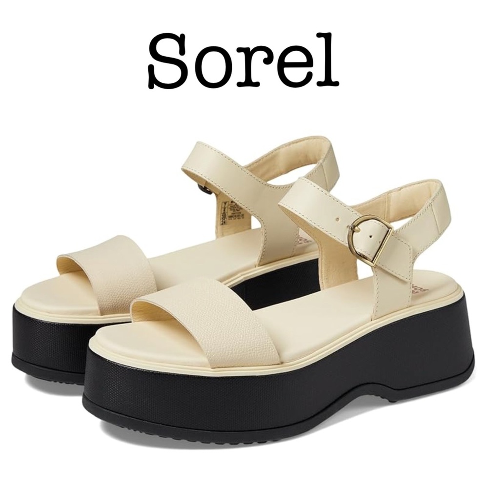 New Sorel Cream and Black Platform Leather Sandals Size 8